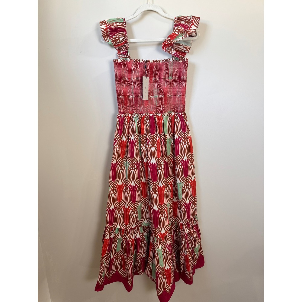 Cara Cara Smocked Midi Dress Red Tulip Print Ruffle Strap Tiered NWT - Picture 5 of 6